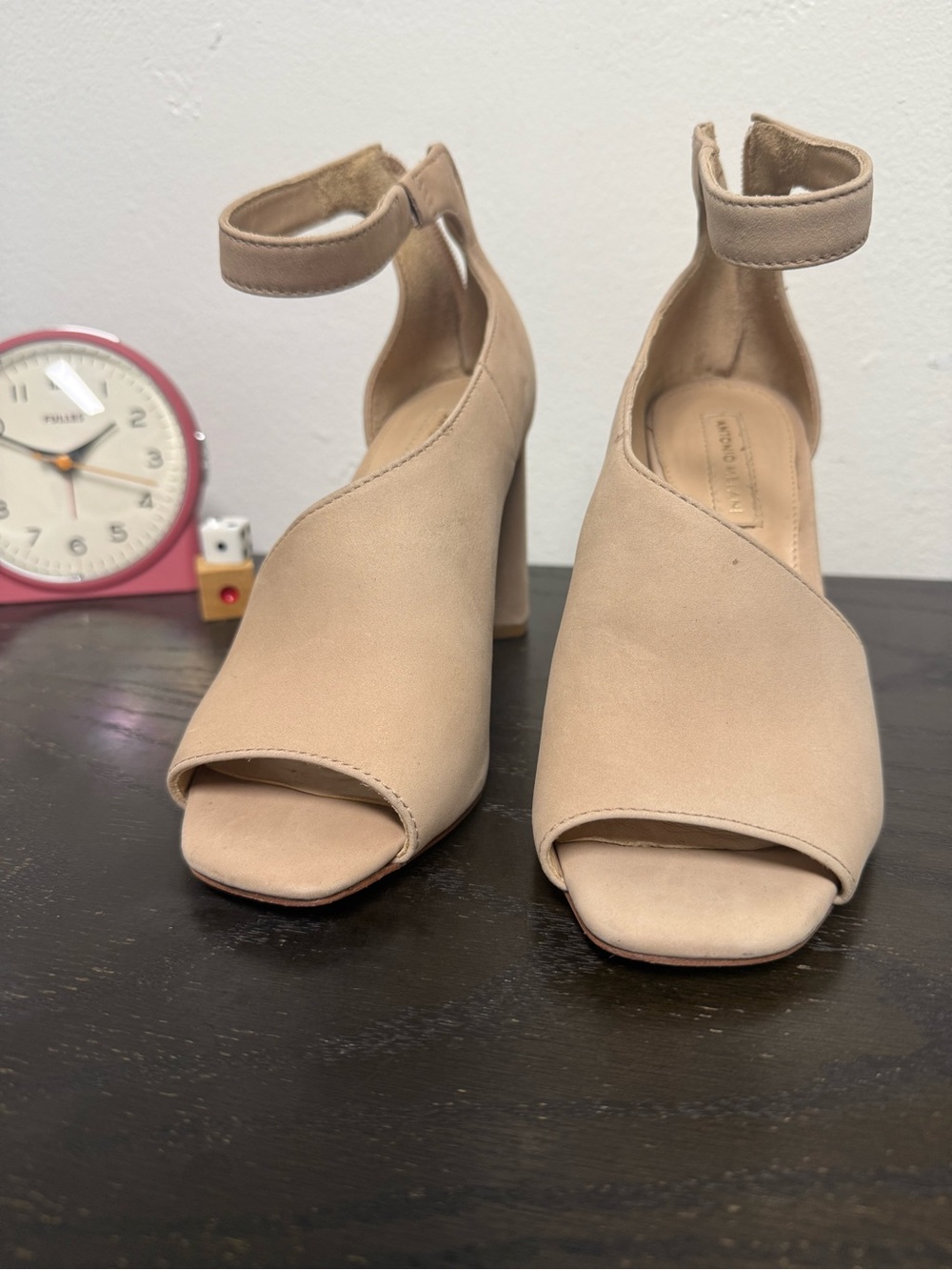 ANTONIO MELANI Neutral Beige Open-Toe Ankle-Strap Block Heels